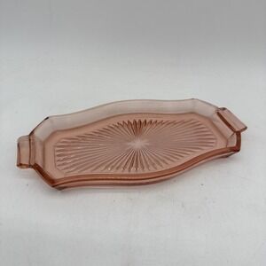 Vintage Pink Depression Glass Tab Handle Starburst Deco Platter Vanity Tray A943